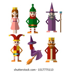 Flat vector set of fabulous magic and halloween characters - Princess, king, wizard, witch and other personages for gaming resources, isolated on white