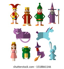 Flat vector set of fabulous magic and halloween characters, people and animals. Princess, king, wizard and witch with animals - unicorn, cat, rabbit. Gaming resources isolated on white