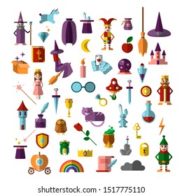Flat vector set of fabulous magical halloween items. Book, magic ball, wizard hat, bottles with elixirs, castle, cauldrons, personages and animals. Gaming resources