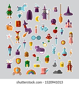Flat vector set of fabulous magical halloween stickers. Book, magic ball, wizard hat, bottles with elixirs, castle, cauldrons, personages and animals. Gaming resources