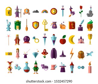 Flat vector set of fabulous magical halloween items. Book, magic ball, wizard hat, bottles with elixirs, castle, cauldrons, personages and animals. Gaming resources