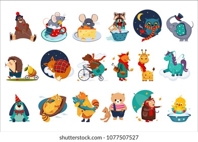 Flat vector set of fairy animals in different actions. Cute cartoon characters. Colorful design for children book, print or postcard