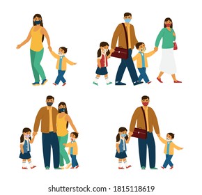 Flat Vector Set Of Families With Kids Wearing Different Protective Masks. Asian Characters.  Young Parents With Children. 