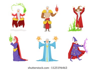 Flat vector set of fantasy wizards from children fairy tales. Old gray-bearded men s in different actions