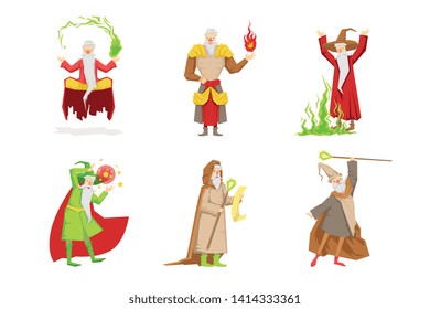 Flat vector set of fantasy wizards from children fairy tales. Old gray-bearded men s in different actions