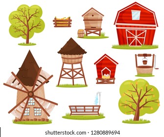 Flat vector set of farm icons. Buildings, constructions and fruit trees. Elements for mobile game or children book