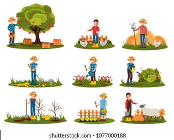 Conjunto de vectores planos de caracteres campesinos trabajando al aire libre. Gente dedicada a la jardinería. Hombre recogiendo manzanas. Mujeres que alimentan animales de granja