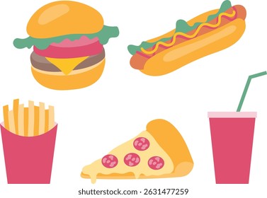 Flat vector set of fast food: burger, fries, pizza, hot dog, soda