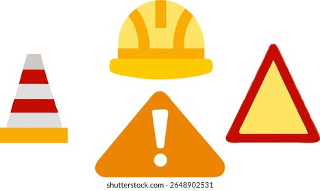 Flat vector set featuring construction helmet, cones, and safety triangles. Great for signage in industrial and job site environments.