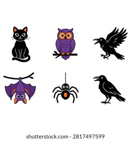 Flat vector set featuring spooky nocturnal creatures for holiday celebrations.