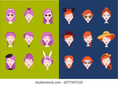 Flat vector set of female heads with different trendy hairstyles haircuts and accessories. Fashion girls with pink and orange hair