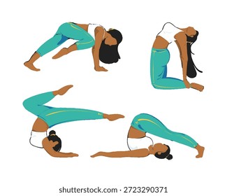 Conjunto de Vector plano de posturas de yoga femenino para contenido de fitness, flexibilidad y bienestar, perfecto para entrenar a App, programas de entrenamiento, blogs de salud, marketing de estudio y materiales de instrucción.