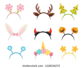 Flat vector set of festive hair hoops. Cute head accessories for holiday parties. Attributes of costumes