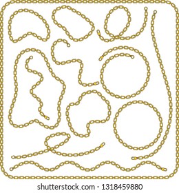 Flat vector set of figured gold chains isolated on white background.