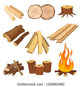 Flat vector set of firewood. Logs and flame, tree stumps, wooden planks. Organic material, natural texture. Wood production industry