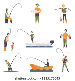 Flat vector set of fishing people with fish and equipment. Fishermen in boats with fishing rods. Outdoor activity