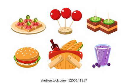 Flat vector set of food and drink icons. Traditional french picnic snacks and beverages. Cartoon icons