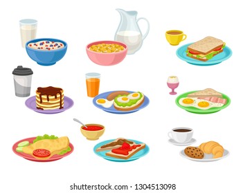 Flat vector set of food and drink icons. Tasty breakfast. Appetizing morning meal. Nutrition theme