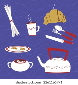 Flat vector set of food and drink elements. Fork, knife, spoon, teapot, cookies, sugar, cup of hot drink, croissant, towel. Tasty breakfast. Cartoon style. Flat design.