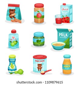 Juego de vectores planos de alimentos y bebidas para bebés. yogures y zumos naturales, puré de frutas y hortalizas, galletas y avena