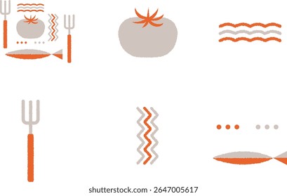Flat vector set of food elements in orange and gray — fish, tomato, fork, knife, and waves isolated on white background