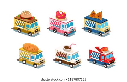 Flat vector set of food trucks. Cars with burger, ice-cream, bread, chicken legs and coffee on roof. Business on wheels. 3D style
