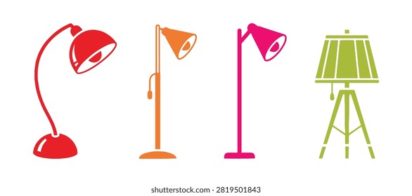 Flat vector set of four standing lamp icons suitable for UI, web, and graphic design projects.