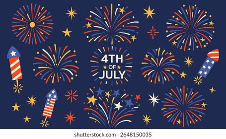 Flat vector set of Fourth of July elements including fireworks, rockets, hats, and patriotic stars. Isolated on dark background. Stock vector illustration in cartoon style.