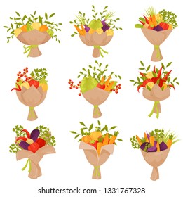 Flat vector set of fresh vegetable bouquets. Organic products. Natural and healthy food. Original presents