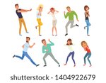 Flat vector set of frightened people in different positions. Young guys and girls afraid of something. Cartoon characters of emotional men and women
