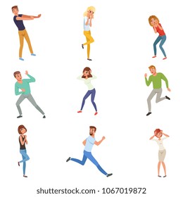 Flat vector set of frightened people in different positions. Young guys and girls afraid of something. Cartoon characters of emotional men and women