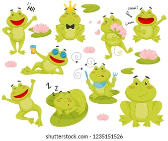 Flat vector set of frog in different actions. Cartoon character of funny green toad