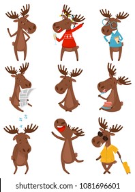 Flat vector set of funny brown moose elk in various actions. Wild forest animal with large branched horns