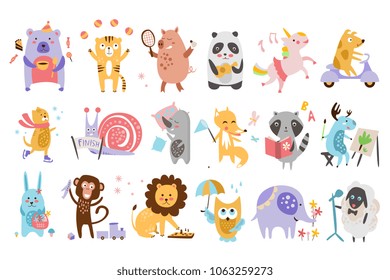 Flat vector set of funny cartoon animals in different actions. Playing games, drinking tea, eating, riding on scooter, drawing. Forest, farm and imagination creatures