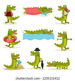 Flat vector set of funny crocodile in different actions. Green predatory reptile. Funny humanized animal