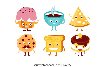 Flat vector set of funny food and drink characters. Humanized sweets and cup of coffee. Cartoon vector design