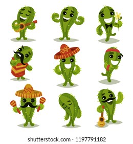 Flat vector set of funny green cacti in different actions. Cartoon characters of humanized succulent plants