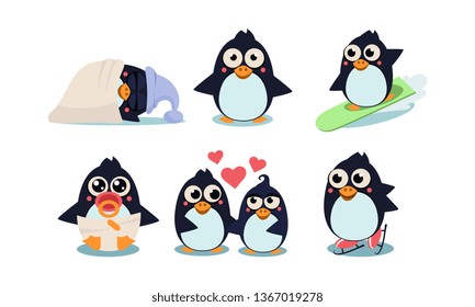 Flat vector set of funny penguins in different actions sleeping, surfing, skating, baby in diaper and pacifier in mouth, couple in love
