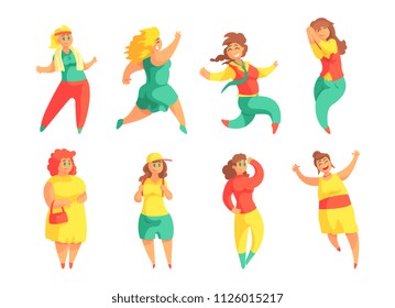 Flat vector set of funny plus size women. Cartoon female characters with overweight. People with happy face expressions