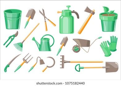 Flat vector set of garden accessories. Pot with plant, protective gloves, digging and pruning tools, equipment for watering