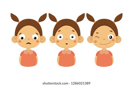 Flat vector set of girl with ponytails showing different emotions. Sad, surprised and smiling face with winking eye