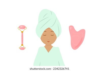 Flat vector set. Girl in a towel on her head and in a bathrobe, blue. With facial massage roller, gouache scraper. The concept of beauty routine, facial skin care, relaxation, spa.