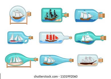 Flat vector set of glass bottles with ships inside. Sailing crafts. Miniature models of marine vessels. Hobby and sea theme