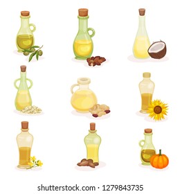 Flat vector set of glass bottles of different oils. Organic and healthy products. Natural cooking ingredients