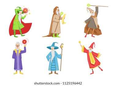 Flat vector set of gray-bearded wizards. Cartoon characters of old men s with magical powers. Elements for mobile game or children book