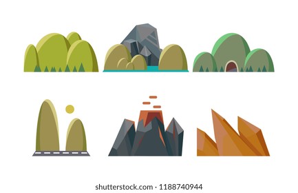 Flat vector set of green hills and rocky mountains. Nature landscape elements for mobile game or children book