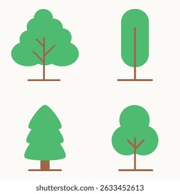 Flat vector set of green tree icons with various round, oval, and pine shapes on white background