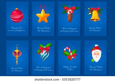 Flat vector set of greeting cards for Christmas and New Year with congratulations and shiny decorative toys: ball, star, fir-cone, bell, candy cane, Santa Claus head