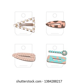 Flat vector set hair accessory. Hairpins and hair-clips for female salon. Barrette.