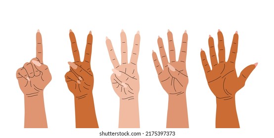 A flat vector set of hands demonstrating gestures by flexing the fingers. Isolated design on a white background.